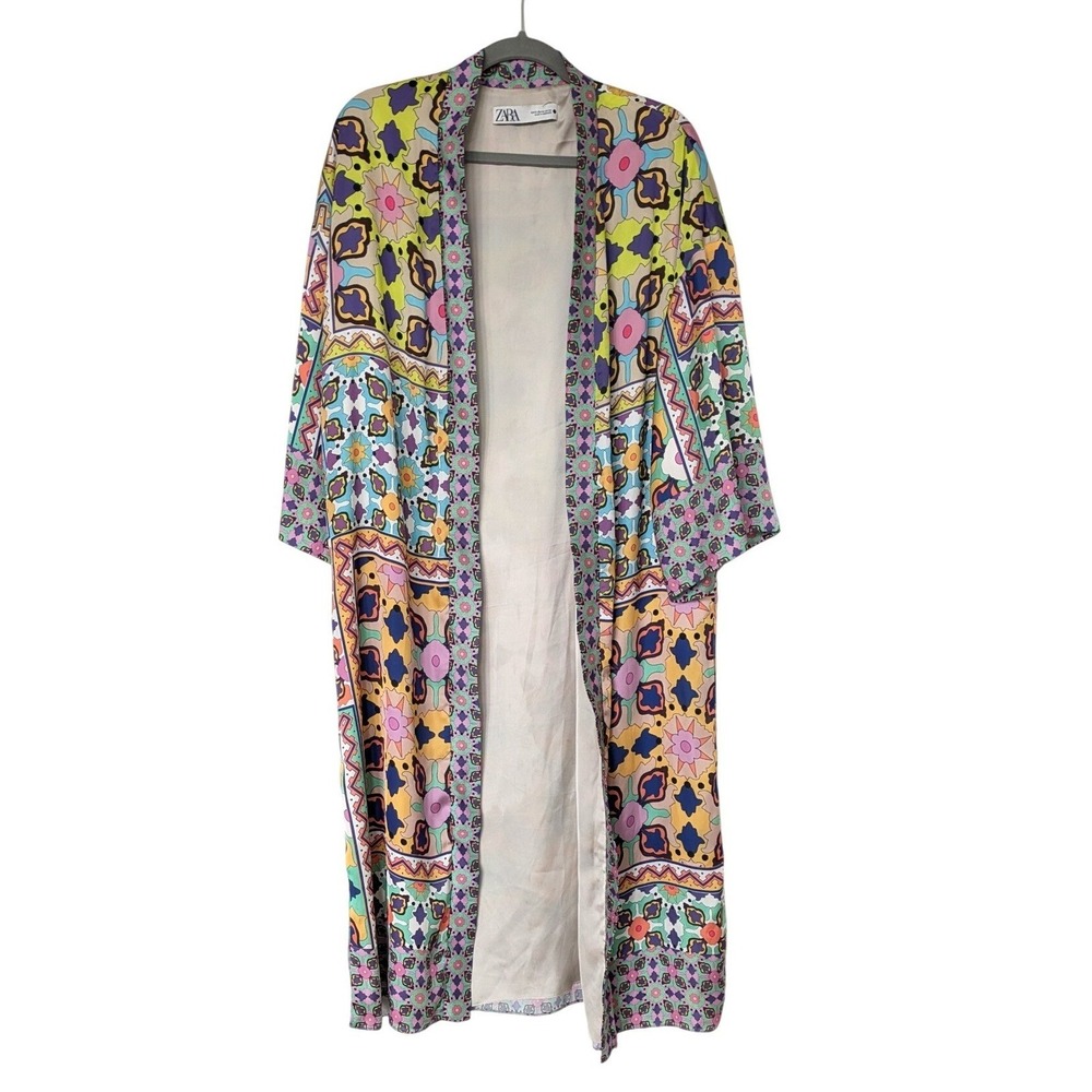 Zara Patchwork Print Kimono Duster Women XS Multicolor Geometric Floral Slit